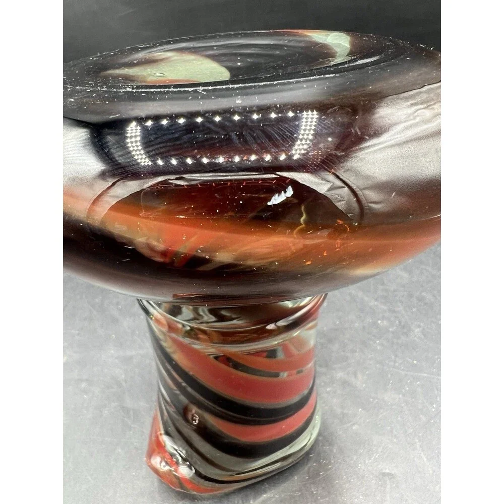 Hand Blown Art Glass Pitcher Amber Brown Swirl Applied Handle 6 1/8” Vase